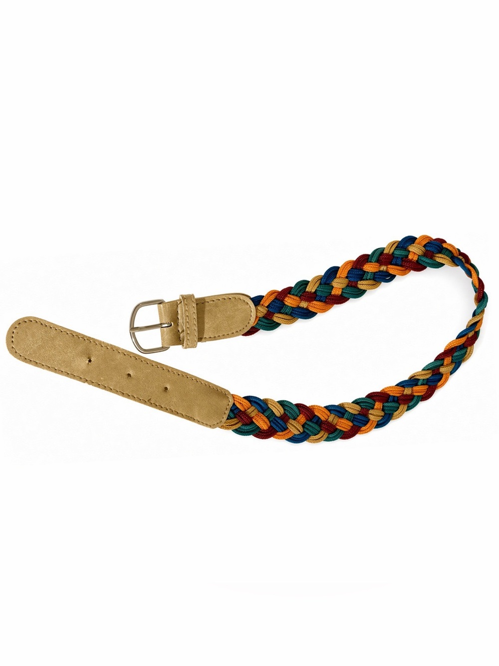 Multicolor Braided Woven Cord Belt Tan Buckle Boho Retro Style Festival Colorful